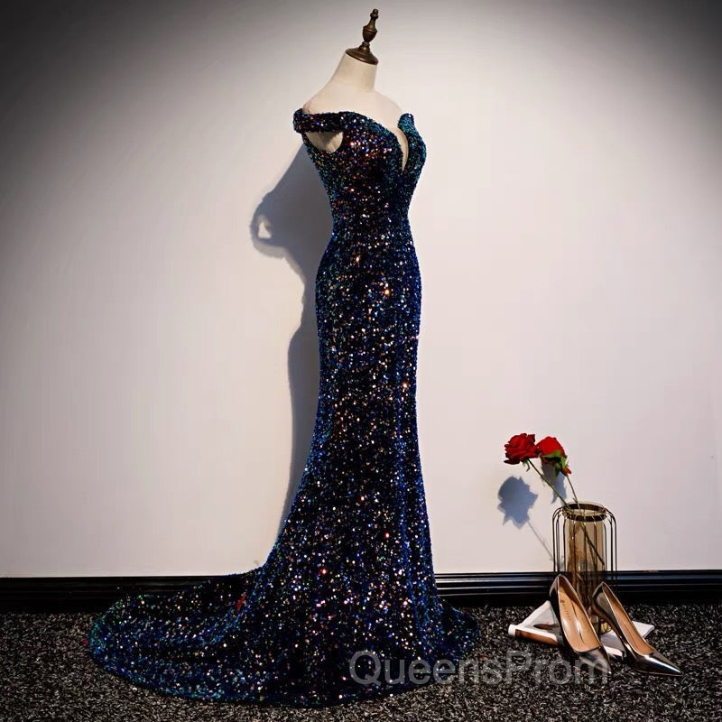 Glitter navy Sequins Off Shoulders Tight Fit Formal Evening Prom Dress Secondary image