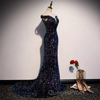 Glitter navy Sequins Off Shoulders Tight Fit Formal Evening Prom Dress