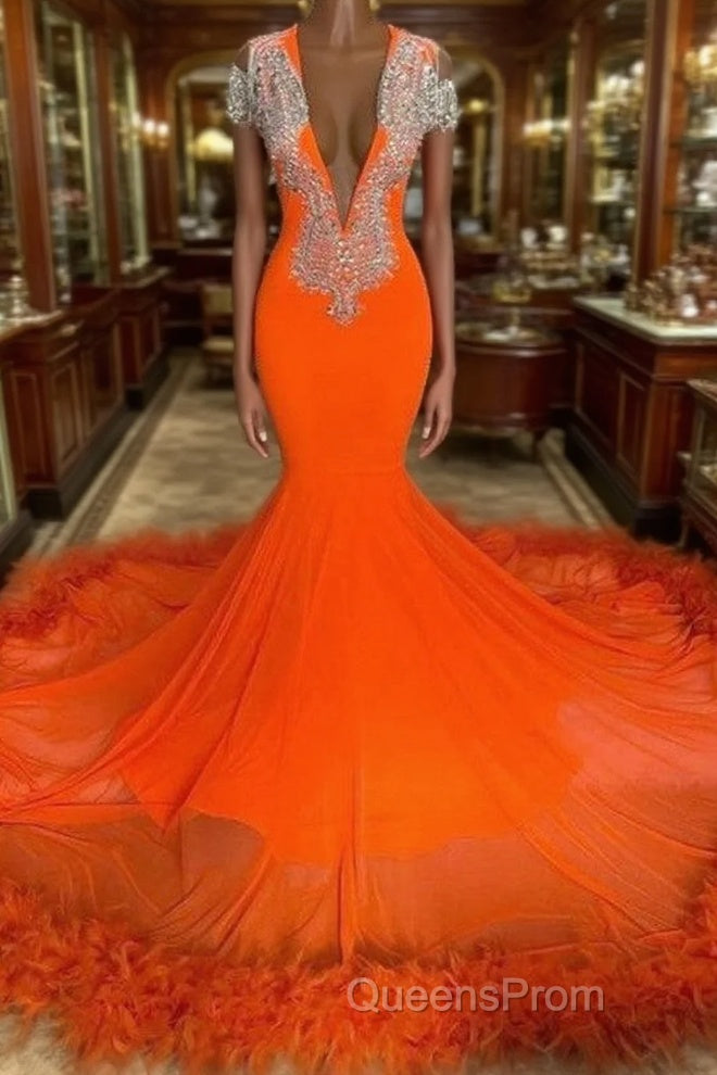 Gorgeous Orange Long Mermaid Tassel V-neck Evening Prom Dress with Sleeves Main image