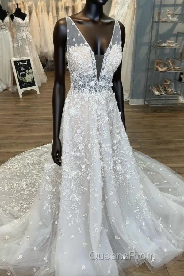 Gorgeous A-Line V-Neck Open Back Chapel Train Wedding Dress Main image