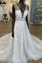 Gorgeous A-Line V-Neck Open Back Chapel Train Wedding Dress