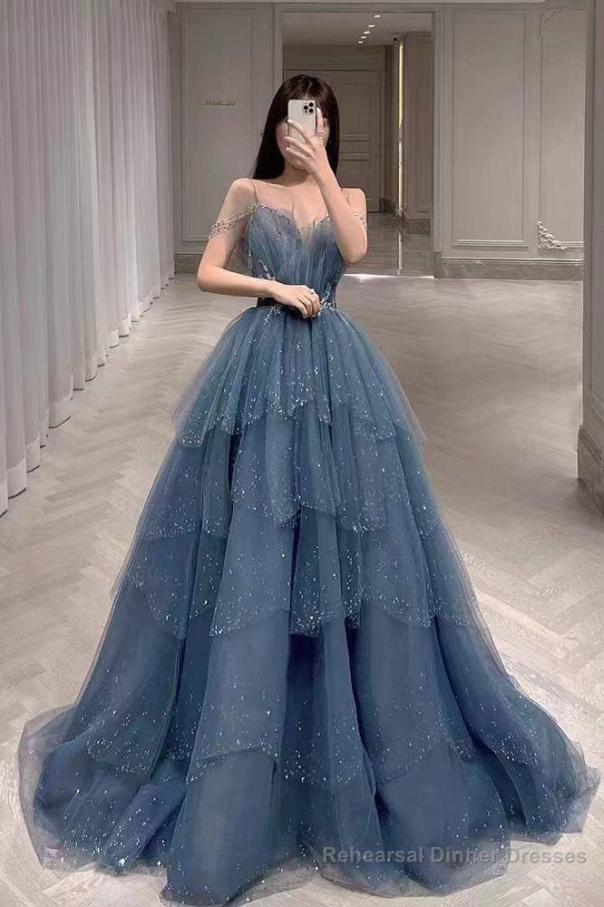 Gorgeous Blue Sparkly Tulle Beaded Prom Dress, Tiered Formal Gown with Rhinestone Main image