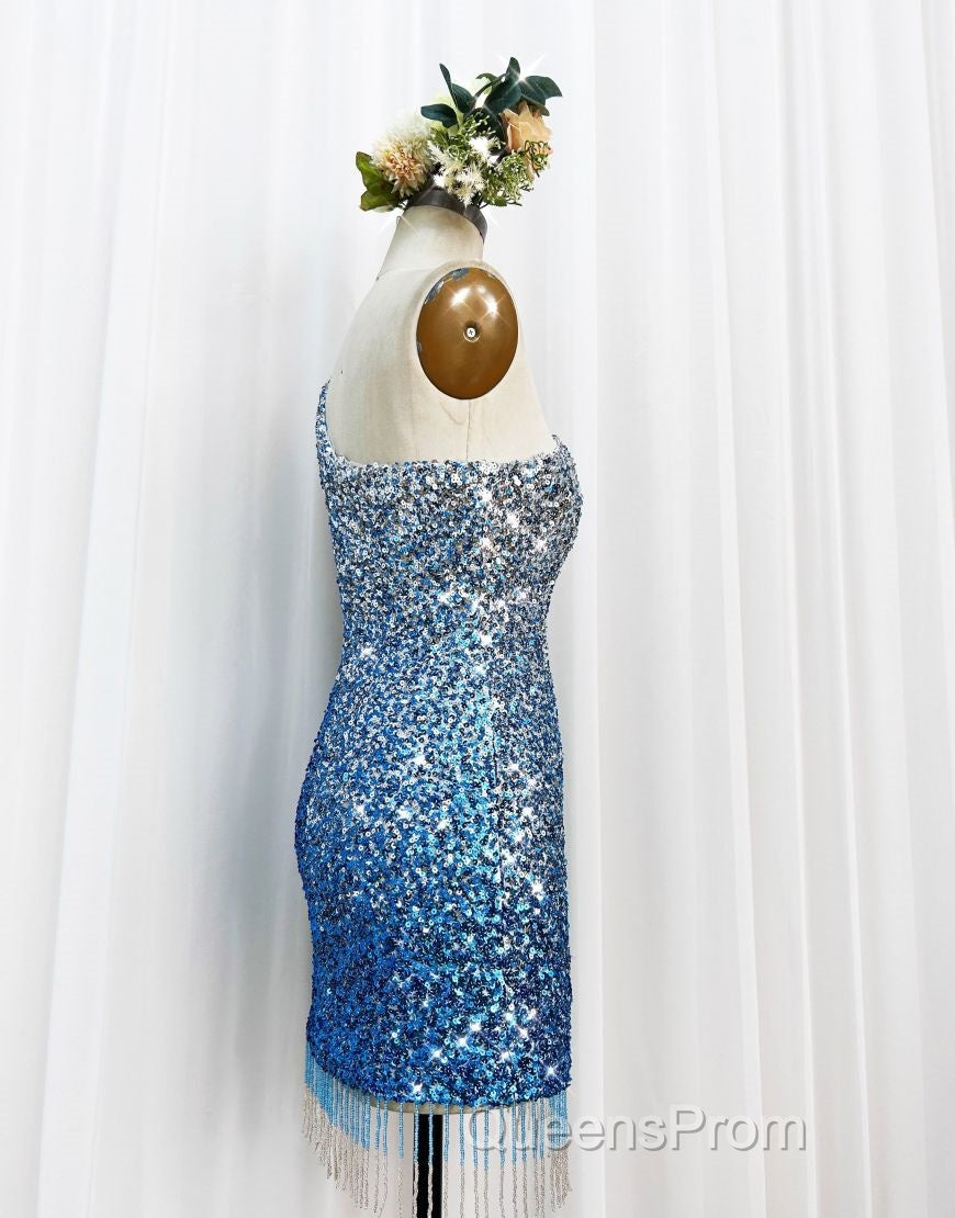 Gorgeous Sparkly Sequin One Shoulder Tight Homecoming Dress With Fringe Secondary image