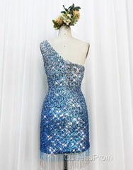 Gorgeous Sparkly Sequin One Shoulder Tight Homecoming Dress With Fringe
