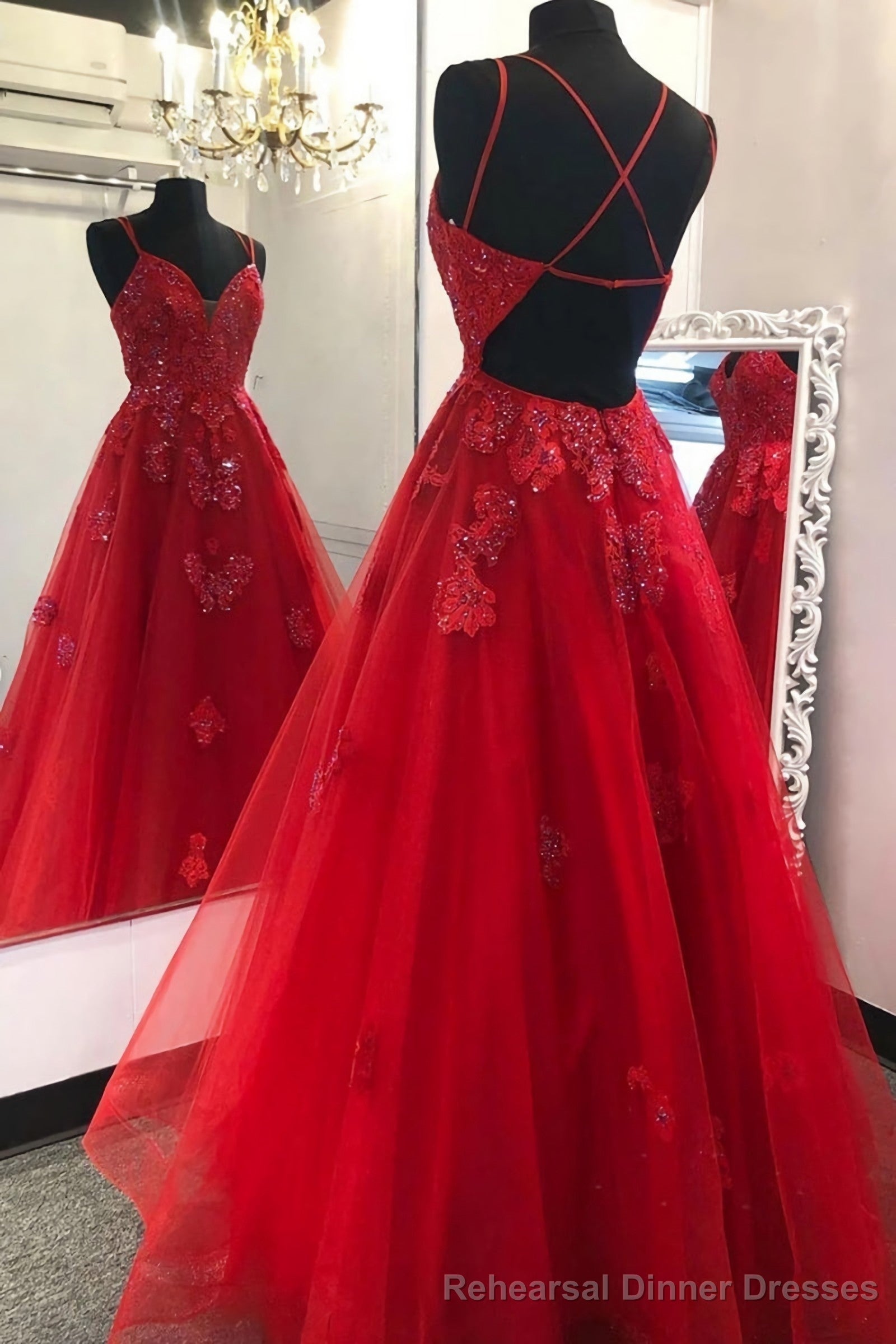 Gorgeous V Neck Backless Red Lace Evening Dress 2025 Backless Red Lace Formal Dresses Red Ball Gown Secondary image
