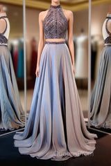 Gray Two Piece Long Evening Prom Dress with Sparkly Beading