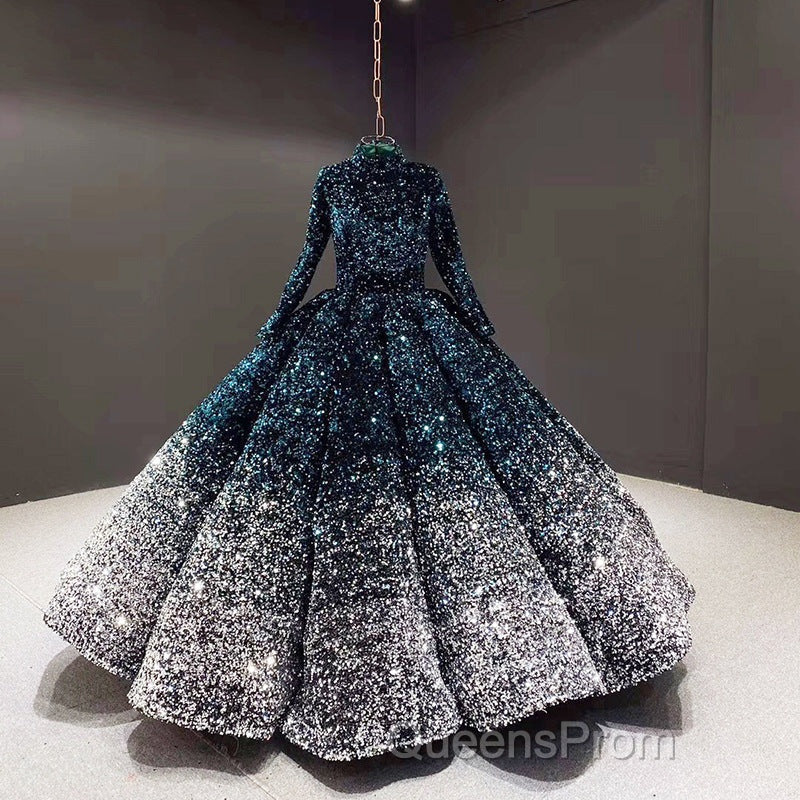 Glitter High Neck Open Back Lace Up Ball Gown Evening Prom Dress