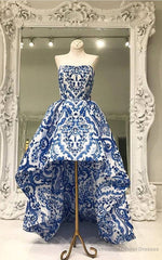 Ivory Blue Floral Print Strapless A Line Long Prom Dress