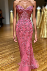 Coral Sweetheart Lace-Up Long Mermaid Evening Prom Dress with Appliques