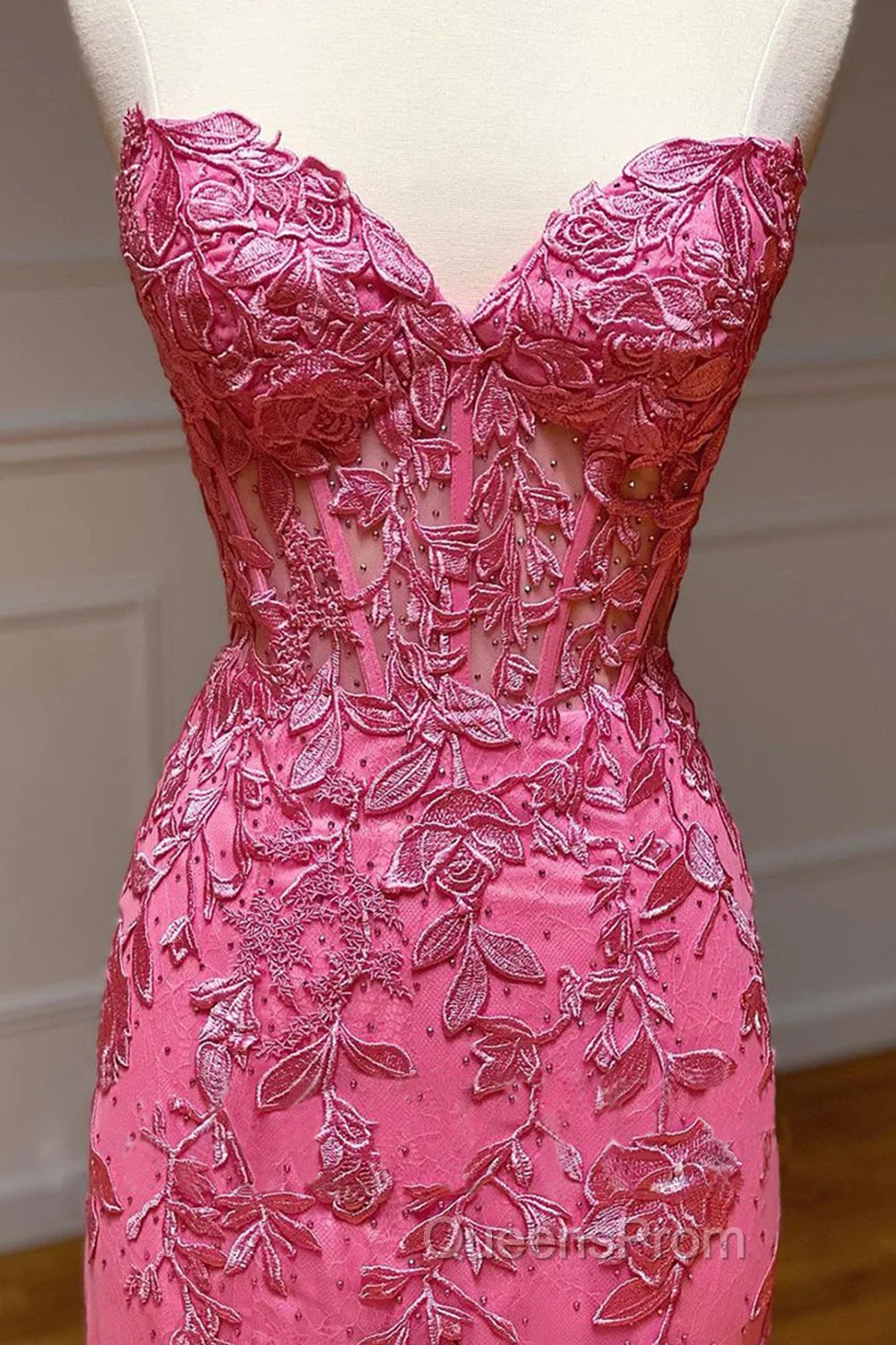 Coral Sweetheart Lace-Up Long Mermaid Evening Prom Dress with Appliques