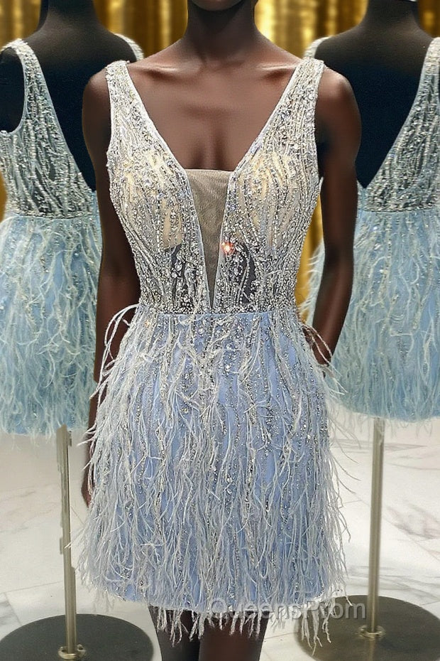Light Blue Beaded Sequins Tight Homecoming Dress with Feathers