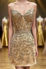 Champagne Spaghetti Straps Tight Short Homecoming Dress with Appliques