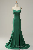 Mermaid Spaghettti Straps Dark Green Sequins Long Evening Prom Dress with Split Front