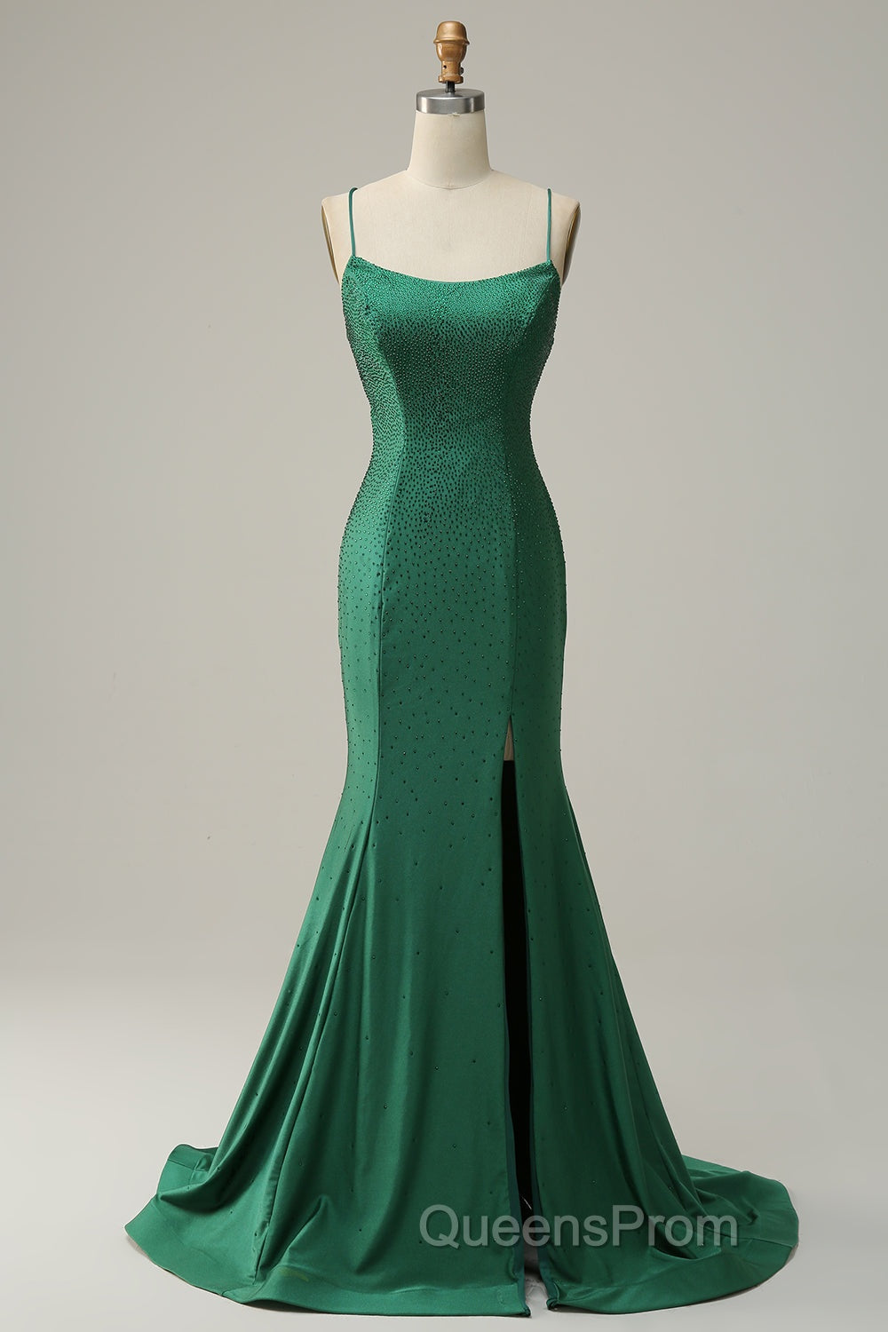 Mermaid Spaghettti Straps Dark Green Sequins Long Evening Prom Dress with Split Front