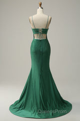Mermaid Spaghettti Straps Dark Green Sequins Long Evening Prom Dress with Split Front