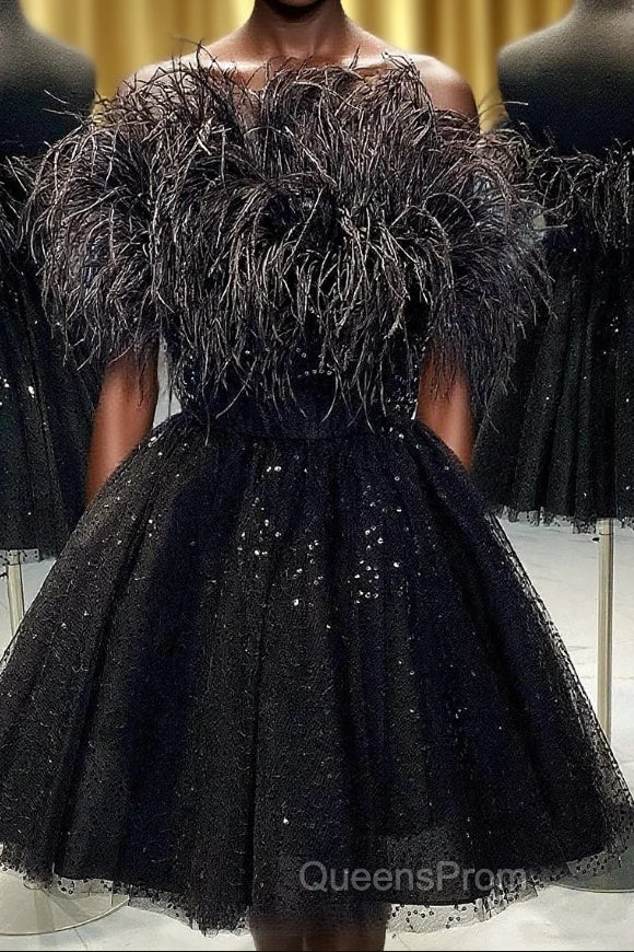 Black A-Line Strapless Homecoming Dress with Feathers Main image