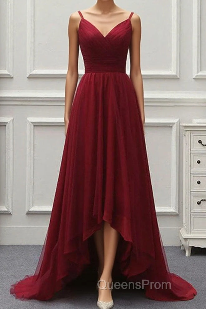 A Line High Low Tulle Evening Prom Dress with Train, Burgundy V Neck Backless Formal Dress Main image