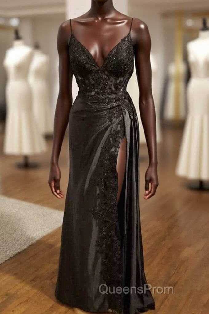Black V-Neckline Straps Tulle With Lace Party Dress, A-Line Black Evening Dress Evening Prom Dress