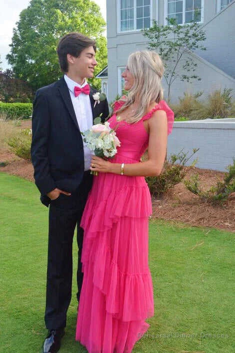 Hot Pink Long Prom Dresses A-line Tulle Tiered Pom Dress Ideas Main image