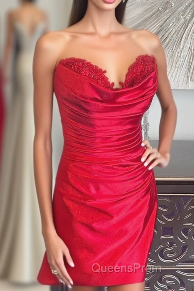 Hunter Green Strapless Beaded Pleated Sheath Homecoming Dress Main image