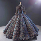 Glitter High Neck Open Back Lace Up Ball Gown Evening Prom Dress