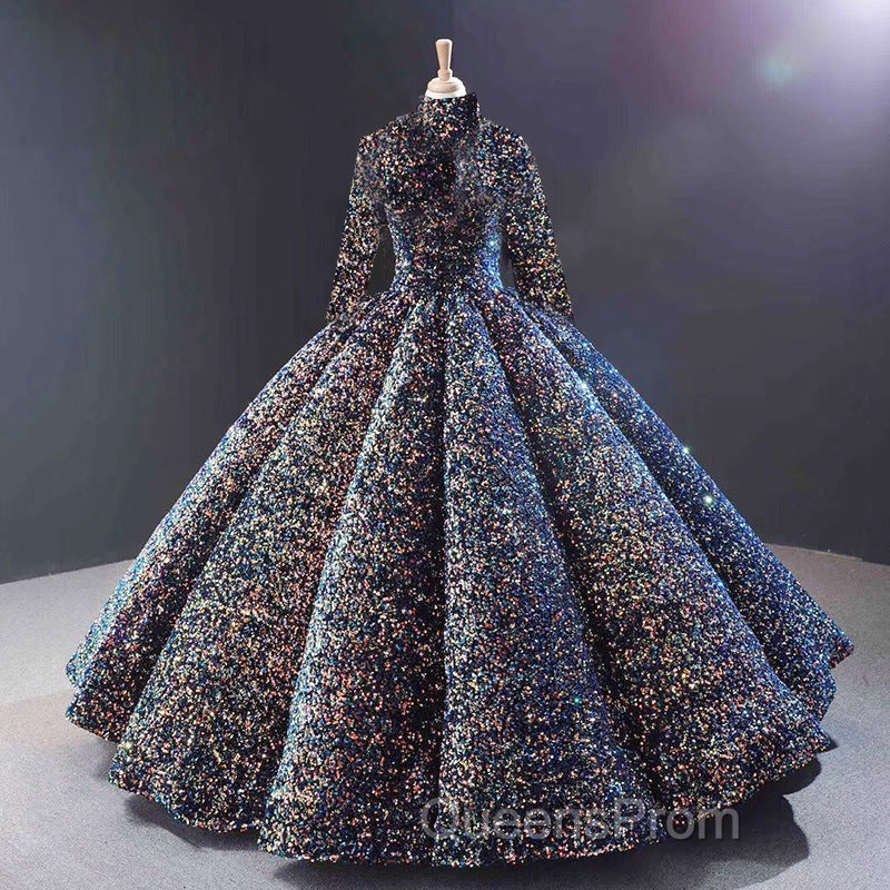 Glitter High Neck Open Back Lace Up Ball Gown Evening Prom Dress