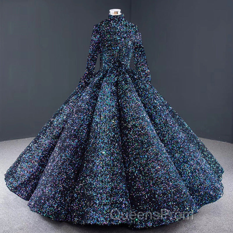 Glitter High Neck Open Back Lace Up Ball Gown Evening Prom Dress