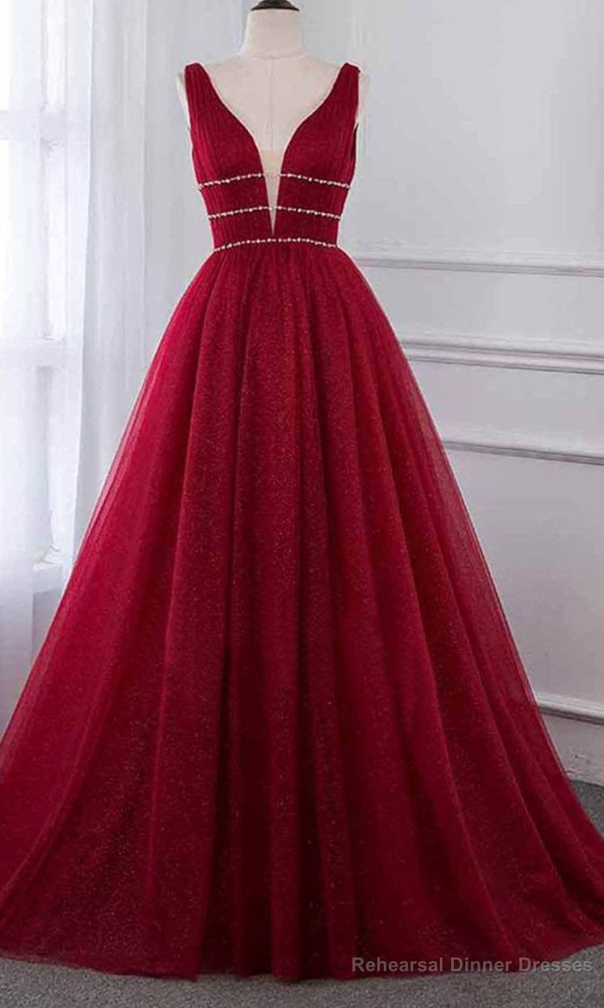 Stylish Deep Alluring V-neck Sleeveless Tulle Sexy A-line Rhinestones Prom Dress Main image
