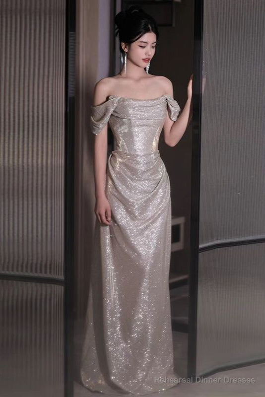 Short-Sleeve Off Shoulder Glitter A-Line Prom Dresses