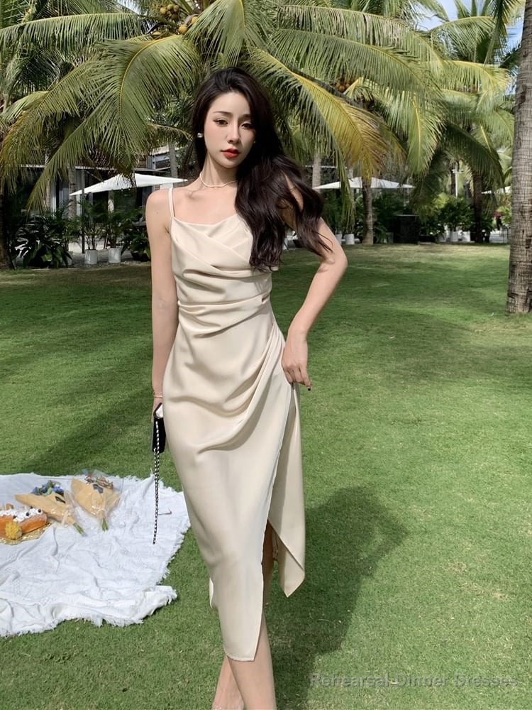 Blue Spaghetti Strap Cowl Neck Plain Ruched Satin Slit Midi Sheath Dress Secondary image