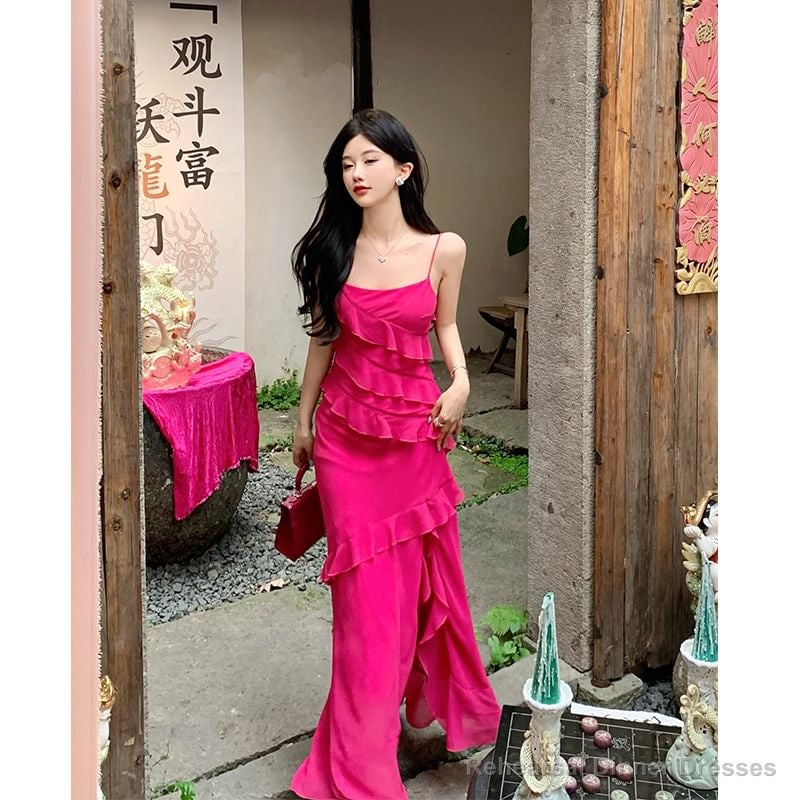 One Shoulder Asymmetrical Plain Ruffled Midi A-Line Dress Secondary image