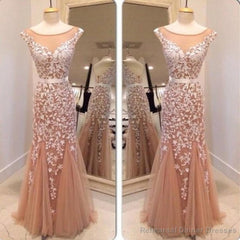 Dark Champagne Cap Sleeve Tulle Lace Prom Dress
