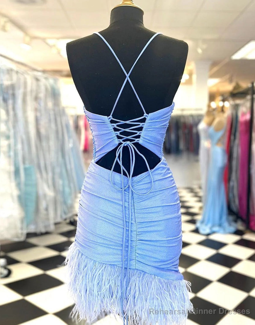 Light Blue Spaghetti Straps Tight Homecoming Dress With Feather Secondary image