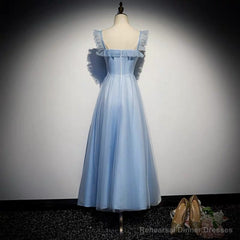 Light Blue Tulle Ankle Length Prom Dress