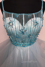 Light Green Spaghetti Straps Tulle Evening Prom Dress with Beading Crystal
