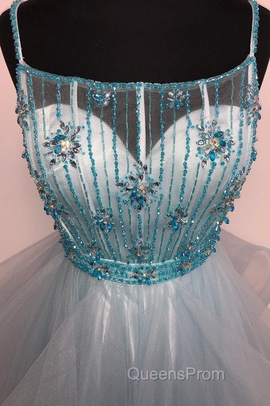 Light Green Spaghetti Straps Tulle Evening Prom Dress with Beading Crystal