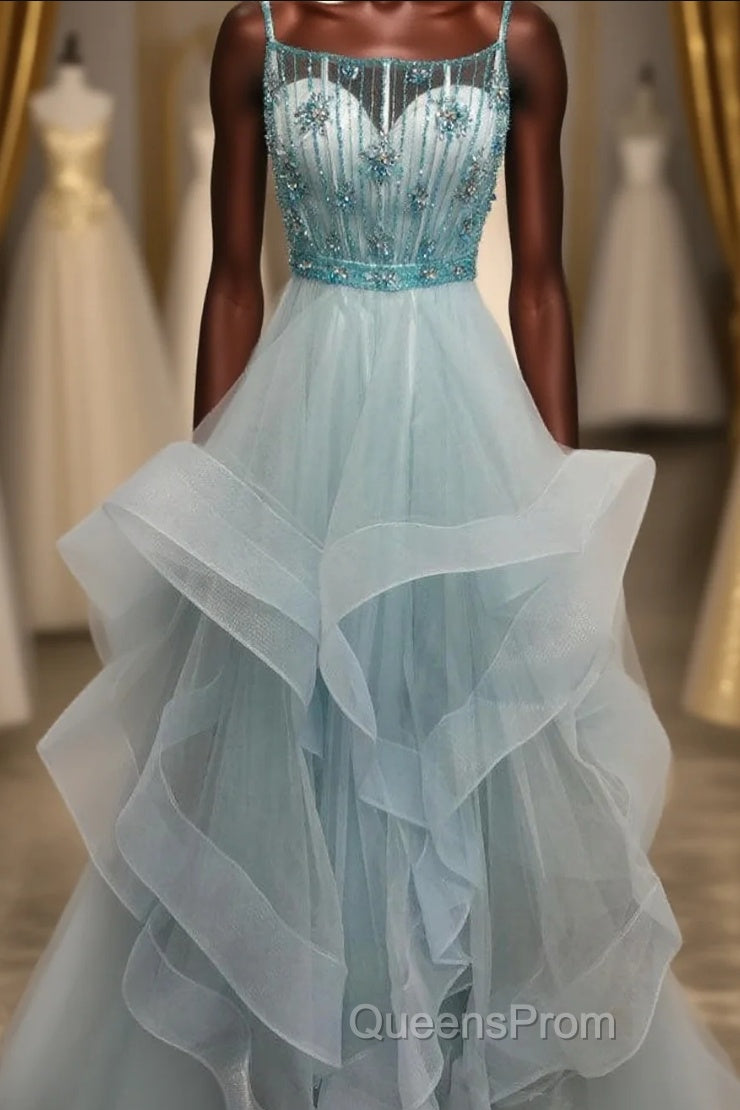Light Green Spaghetti Straps Tulle Evening Prom Dress with Beading Crystal Main image