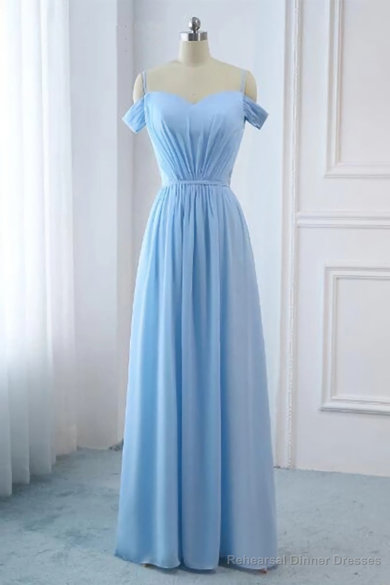 Light Sky Blue A Line Off The Shoulder Natural Waist Ruched Prom Dress, Lace Up Party Dress Main image