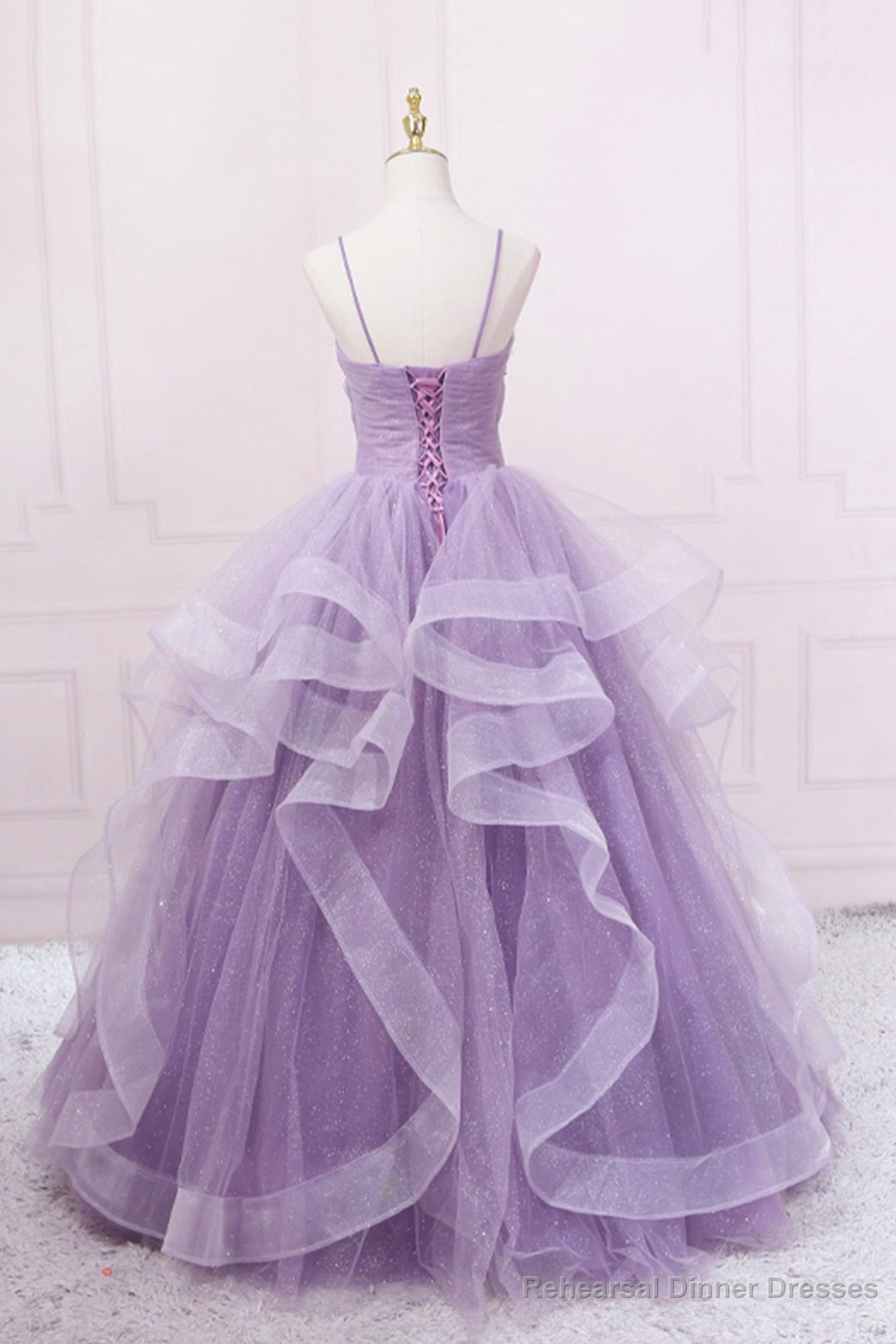 Purple Tulle Long Prom Dress, A-Line Spaghetti Strap Evening Gown