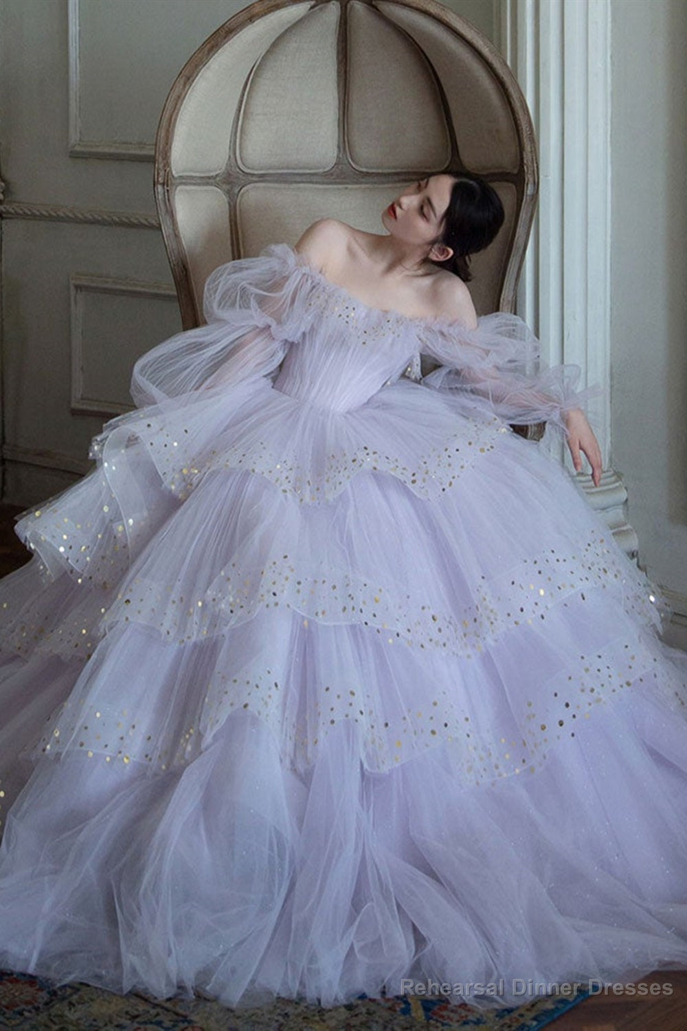 Long Sleeves Layered Light Purple Tulle Long Prom Dresses, Light Purple Formal Evening Dresses, Ball Gown Secondary image