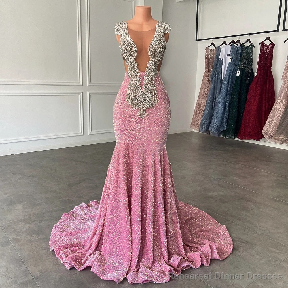 Glamorous Sparkly Sequins Prom Dresses, Deep V-Neck Sleeveles Stretch Satin Mermaid Prom Dress Secondary image