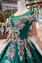 Luxury Green Round Neck Short Sleeves Evening Prom Dress with Beading
