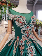 Luxury Green Round Neck Short Sleeves Evening Prom Dress with Beading