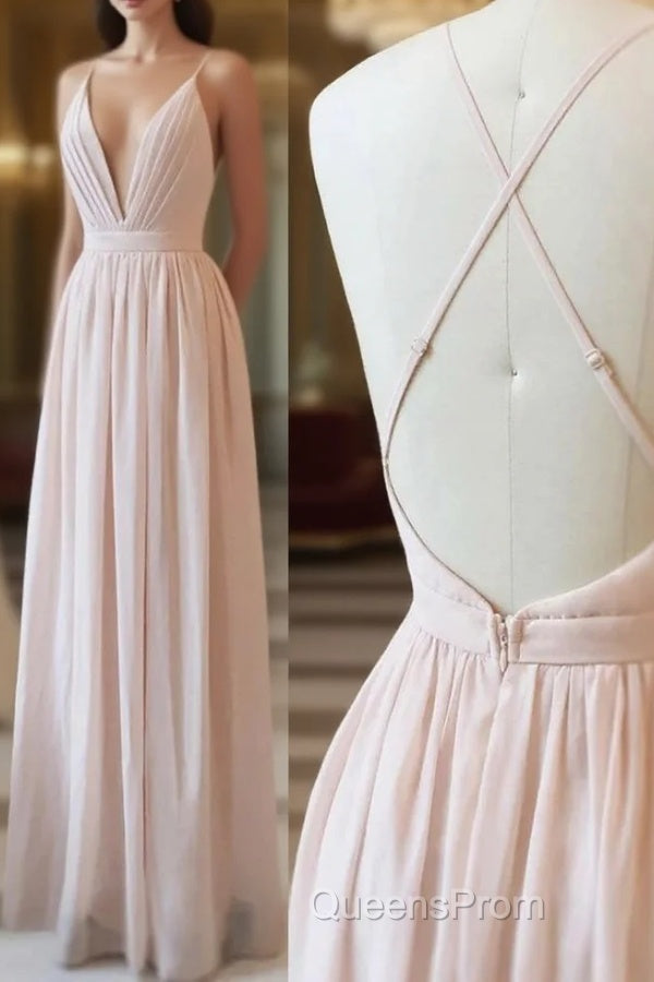 Simple V-neck Zipper Back Floor Length Pink Chiffon Long Elegant Bridesmaid Dress Main image