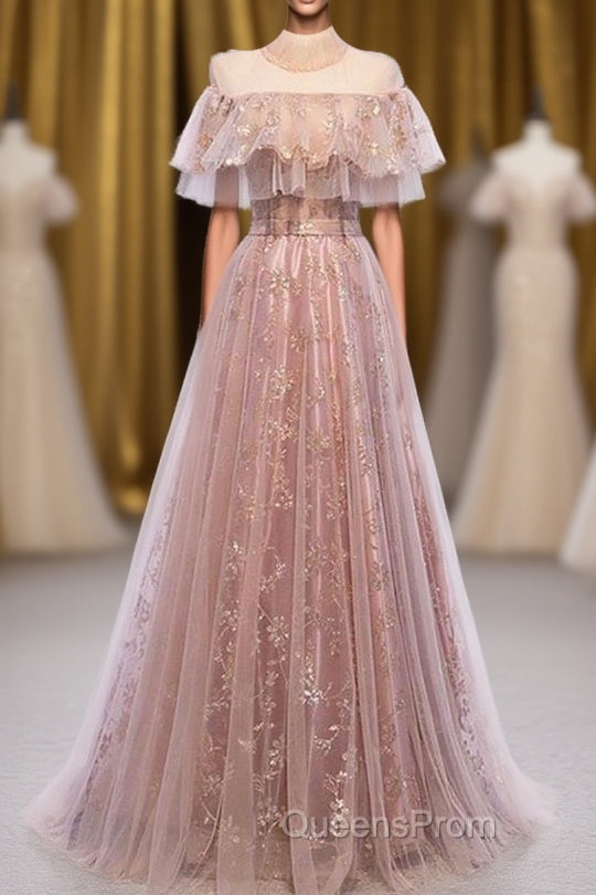Elegant High Neck Vintage Long Lace Up Evening Prom Dress Flowy Party Gowns Main image