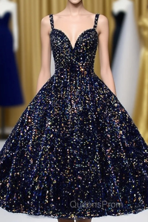 Glitter Spaghetti Straps Cute Short Evening Prom Dress Tight Tea Length Homecoming Dress