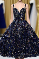 Glitter Spaghetti Straps Cute Short Evening Prom Dress Tight Tea Length Homecoming Dress