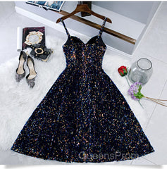 Glitter Spaghetti Straps Cute Short Evening Prom Dress Tight Tea Length Homecoming Dress