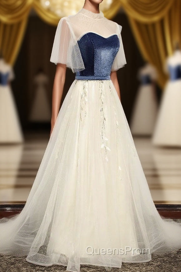 Elegant Ivory And Blue Flowy Princess Evening Prom Dress For Teens Long Homecoming Dress Main image