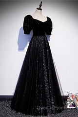 Modest Sparkly Black Long A-line Evening Prom Dress With Sleeves Evening Gowns